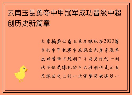 云南玉昆勇夺中甲冠军成功晋级中超创历史新篇章