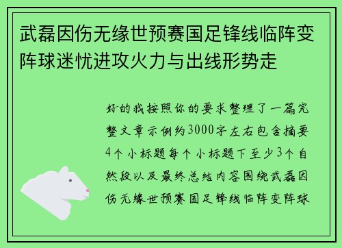 武磊因伤无缘世预赛国足锋线临阵变阵球迷忧进攻火力与出线形势走